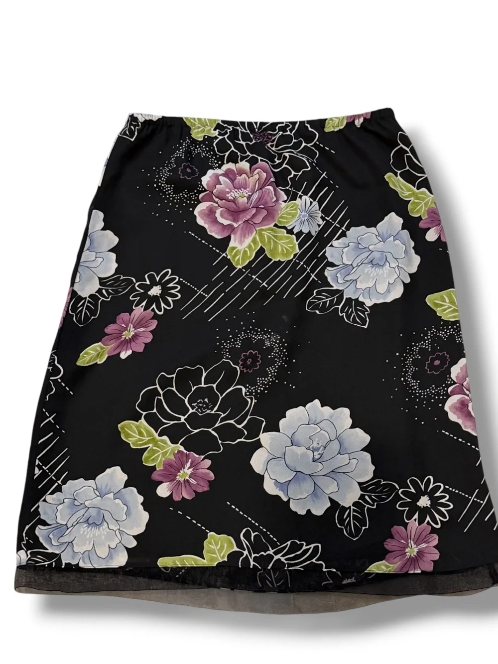 Y2K George Black Floral Midi Pencil Skirt Medium Pull On Cottagecore Modest